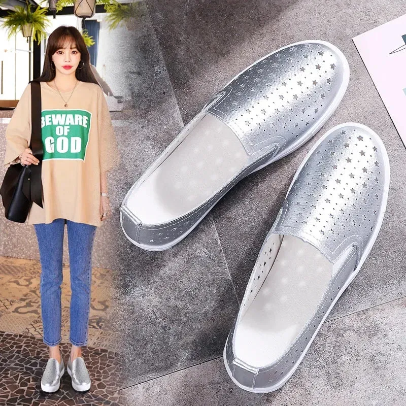 Spring/Summer Leather Loafers – Women's Breathable Hollow Slip-On