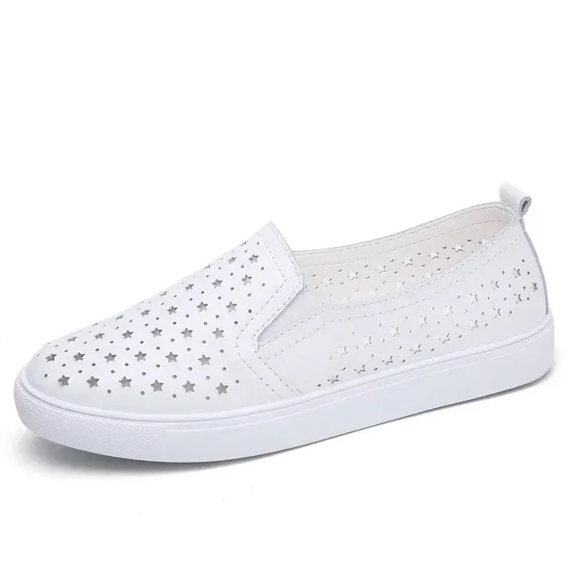 Spring/Summer Leather Loafers – Women's Breathable Hollow Slip-On