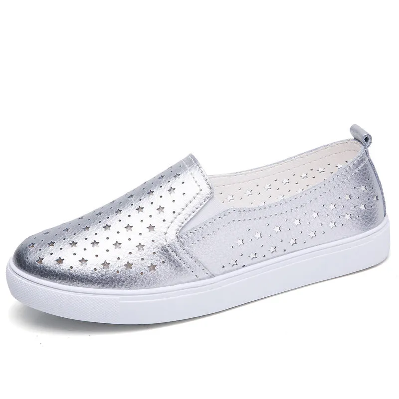 Spring/Summer Leather Loafers – Women's Breathable Hollow Slip-On
