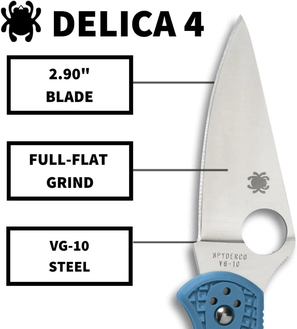 Spyderco Delica 4 Lightweight 7.15" Signature Folding Knife with 2.90" Flat-Ground Steel Blade and High-Strength FRN Handle - PlainEdge Grind