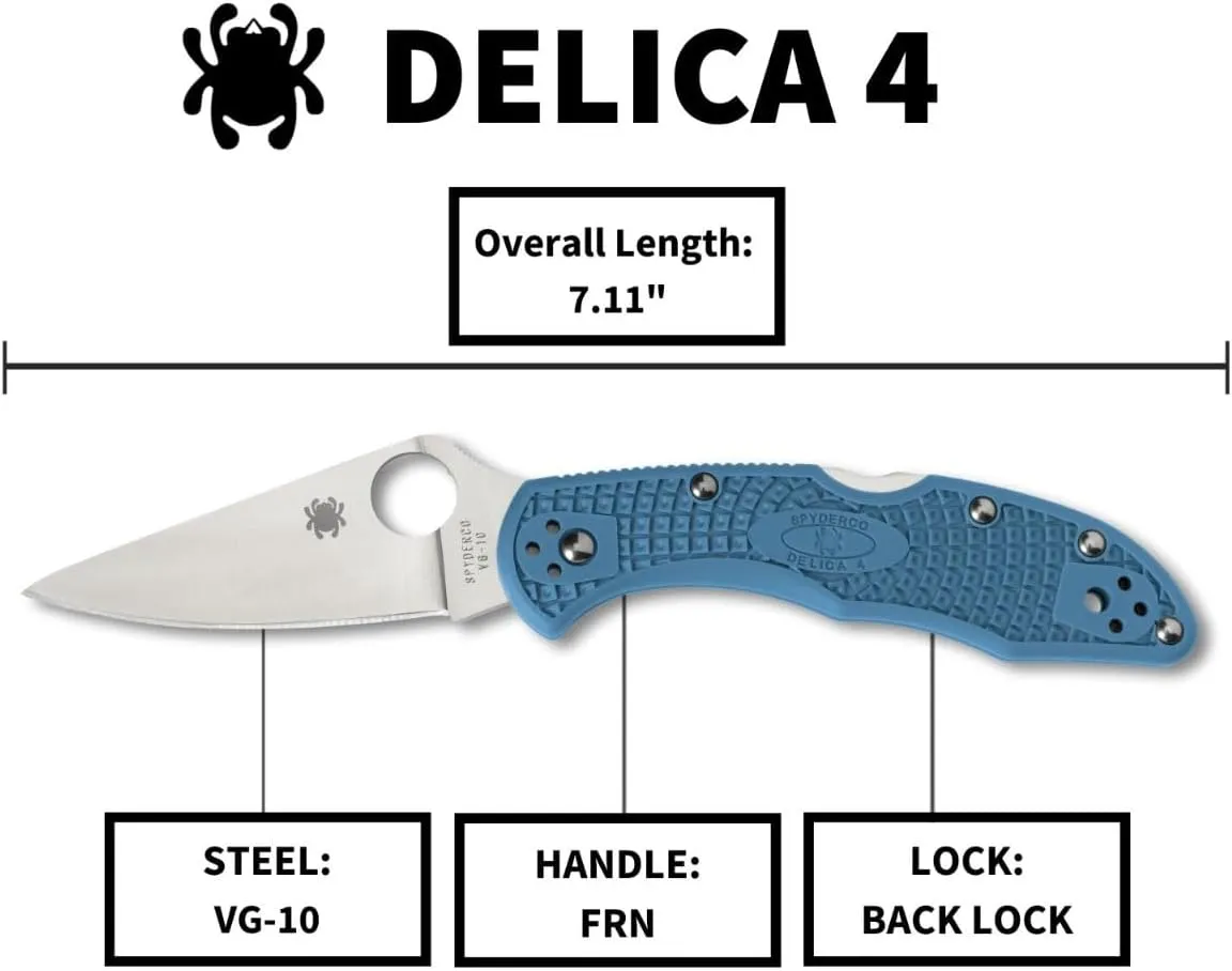 Spyderco Delica 4 Lightweight 7.15" Signature Folding Knife with 2.90" Flat-Ground Steel Blade and High-Strength FRN Handle - PlainEdge Grind