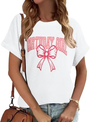 SUPEYA Birthday Shirts Women Birthday Girl Shirt Ribbed Textured Knit Casual Shirt Lightweight Short Sleeve Crewneck Outfit