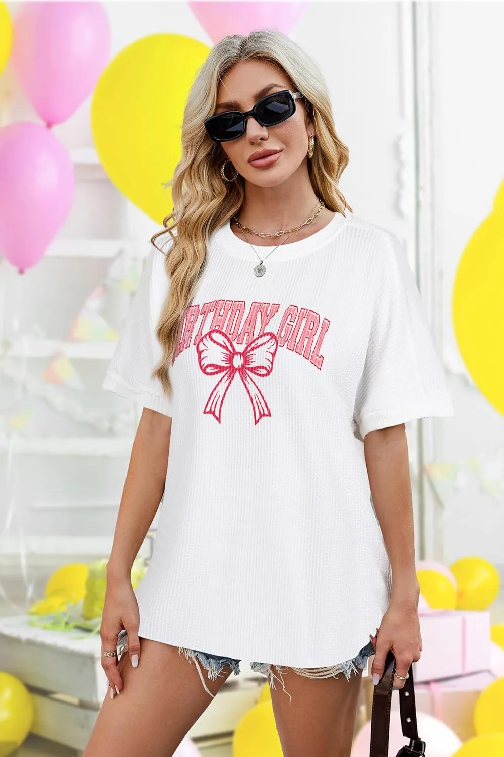 SUPEYA Birthday Shirts Women Birthday Girl Shirt Ribbed Textured Knit Casual Shirt Lightweight Short Sleeve Crewneck Outfit