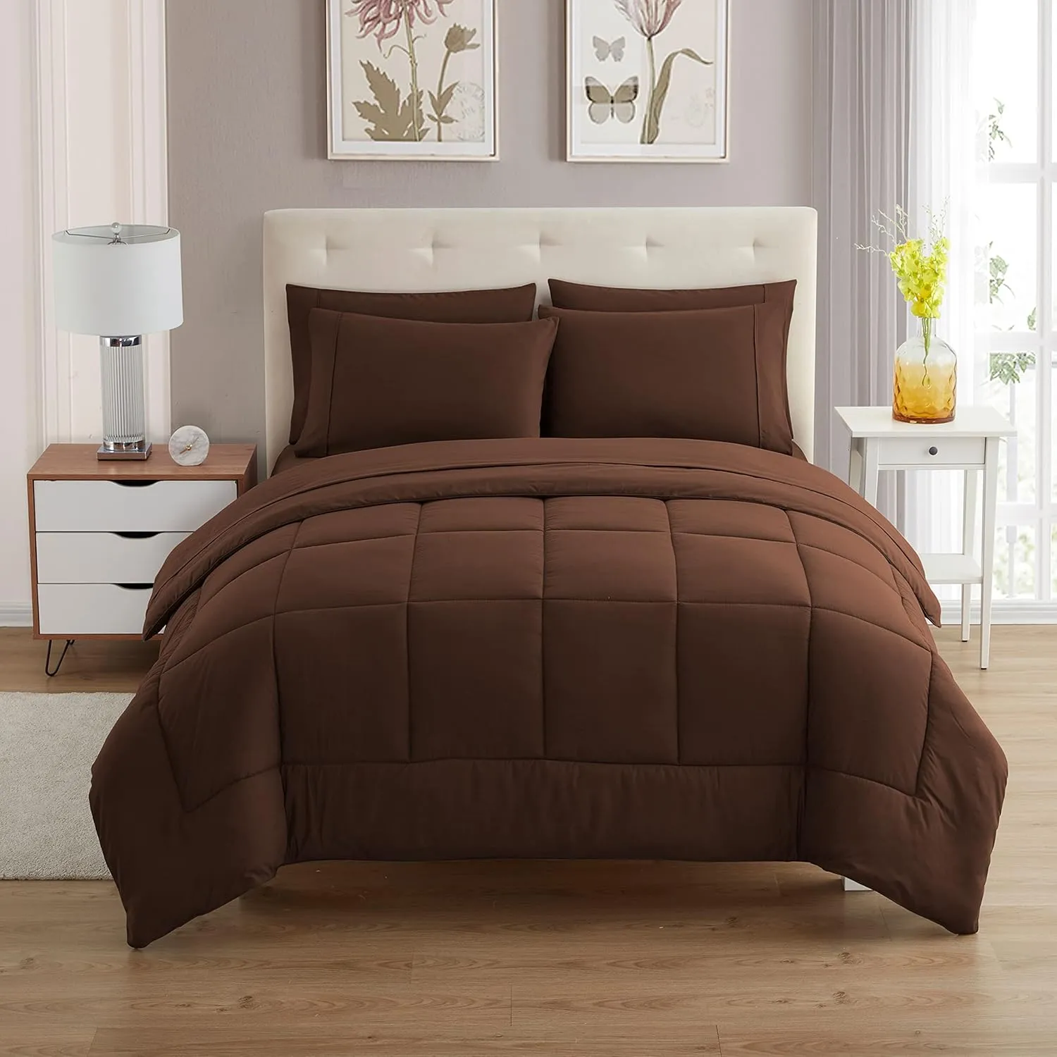 Sweet Home Collection 7 Piece Comforter Set Bag Solid Color All Season Soft Down Alternative Blanket & Luxurious Microfiber Bed Sheets, Brown, Queen