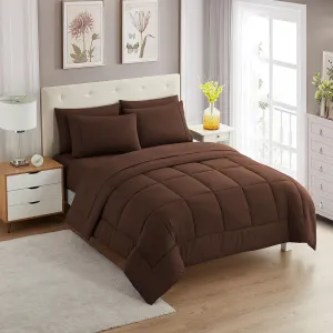 Sweet Home Collection 7 Piece Comforter Set Bag Solid Color All Season Soft Down Alternative Blanket & Luxurious Microfiber Bed Sheets, Brown, Queen