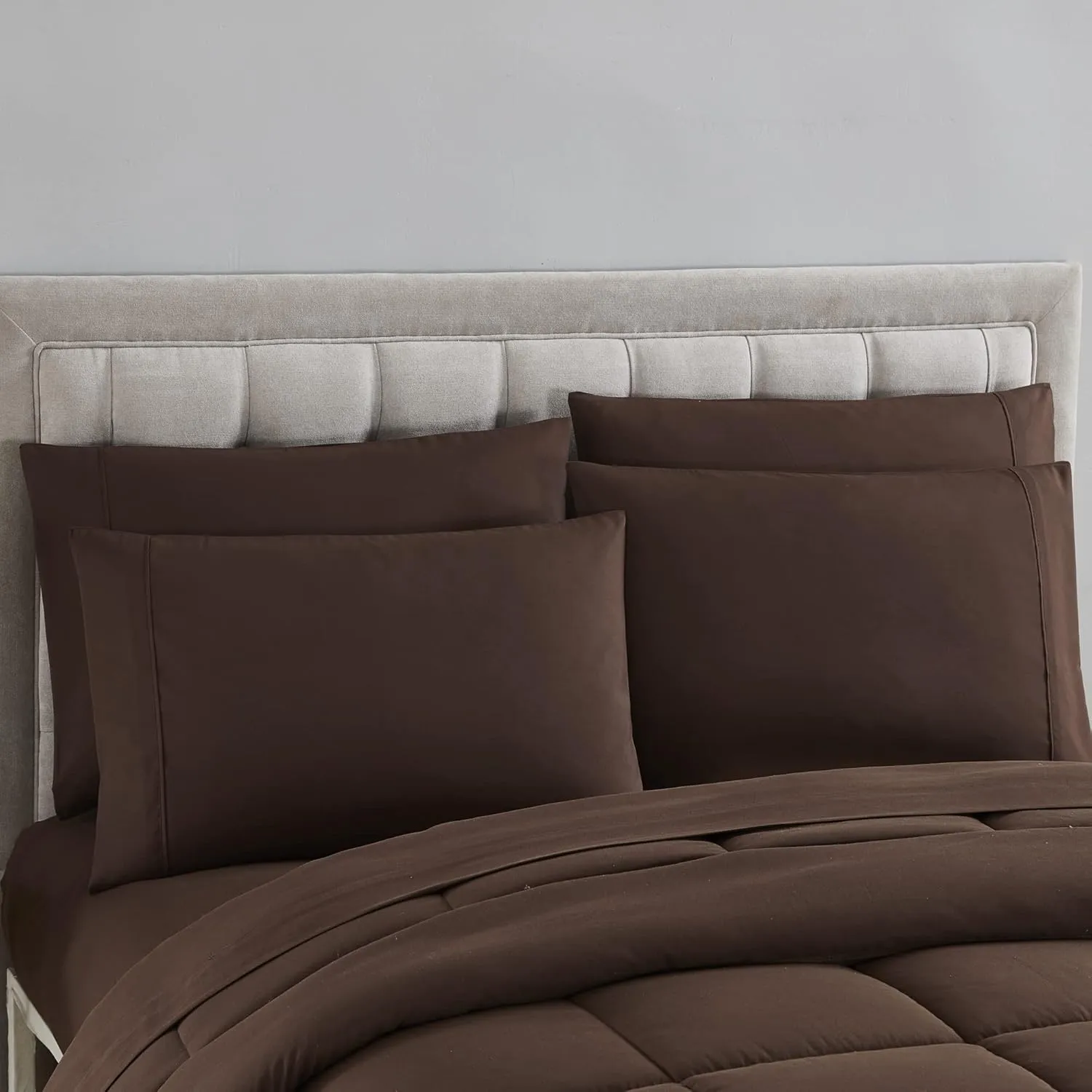 Sweet Home Collection 7 Piece Comforter Set Bag Solid Color All Season Soft Down Alternative Blanket & Luxurious Microfiber Bed Sheets, Brown, Queen