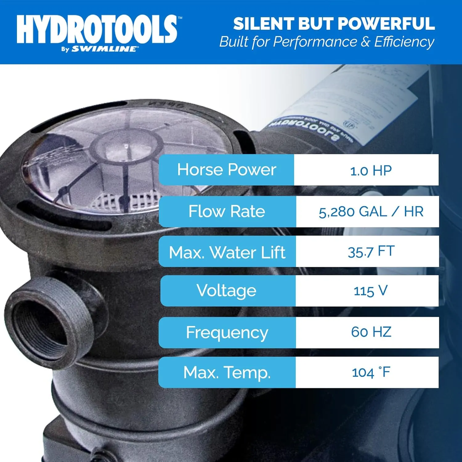 SWIMLINE HYDROTOOLS Above-Ground Pool Motor Pump, Hydro-Flo 1HP w/ 5280 GPH, Horizontal