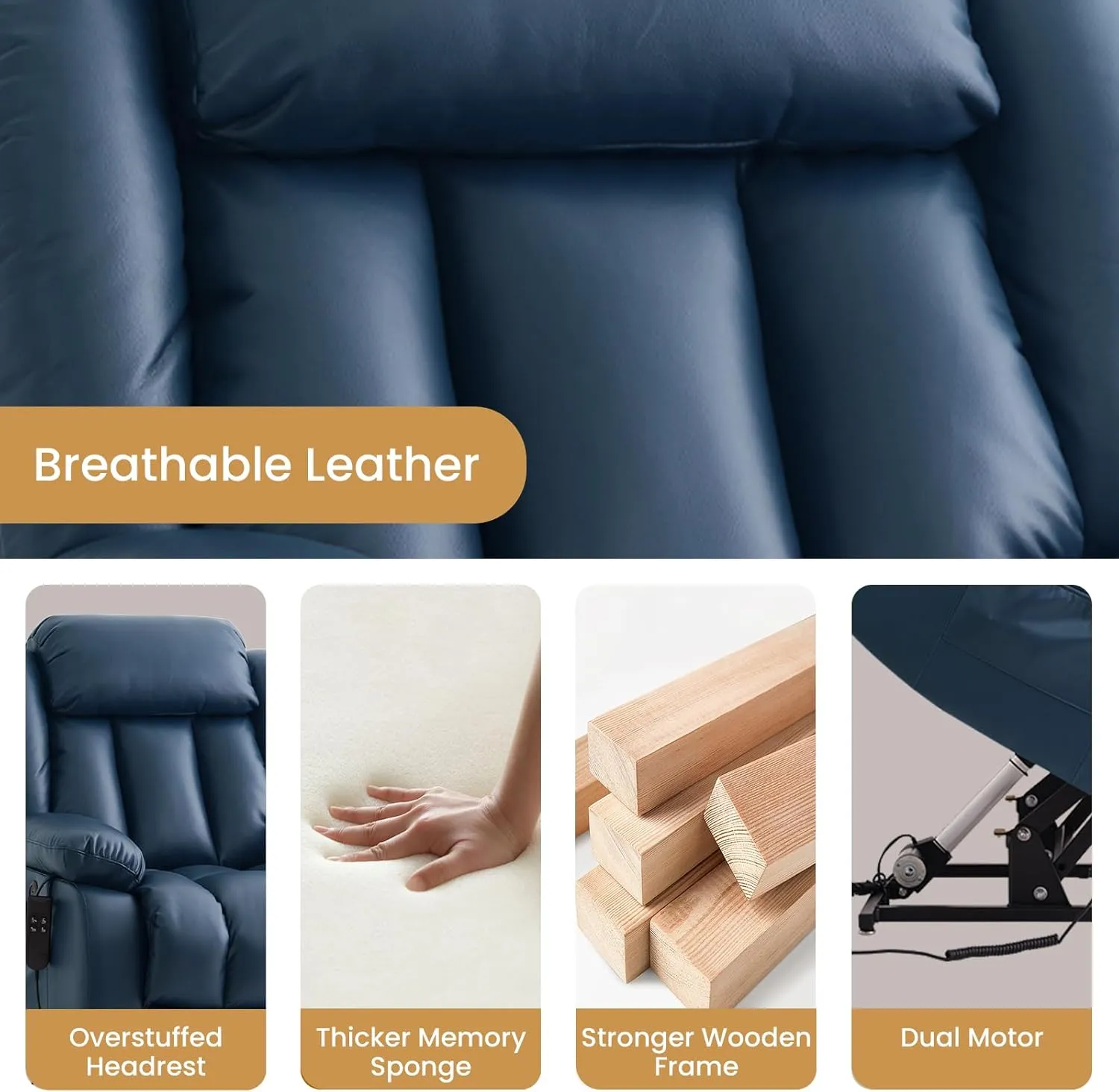 TEKAMON Power Lift Recliner Chair for Elderly with Heat & Massage, Dual Motor Breathable Leather Recliner, Lay Flat Sleeping Chairs with Infinite Position, RemoteControl & USB Ports(Deep Blue)