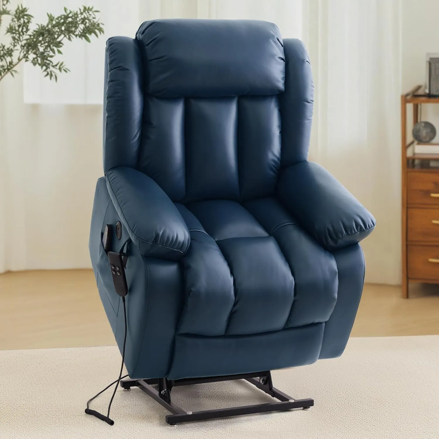 TEKAMON Power Lift Recliner Chair for Elderly with Heat & Massage, Dual Motor Breathable Leather Recliner, Lay Flat Sleeping Chairs with Infinite Position, RemoteControl & USB Ports(Deep Blue)