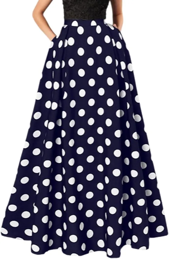 THLAI Womens Skirt Maxi Pleated Polka Dot Long A Line Summer Retro Skirt