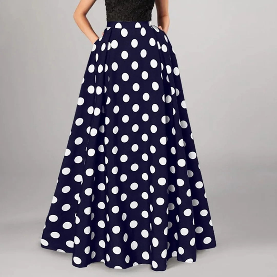 THLAI Womens Skirt Maxi Pleated Polka Dot Long A Line Summer Retro Skirt