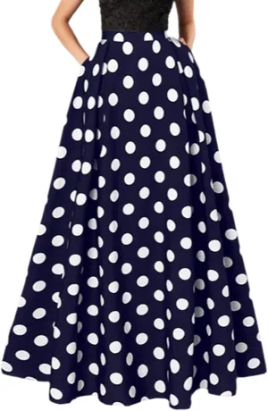 THLAI Womens Skirt Maxi Pleated Polka Dot Long A Line Summer Retro Skirt