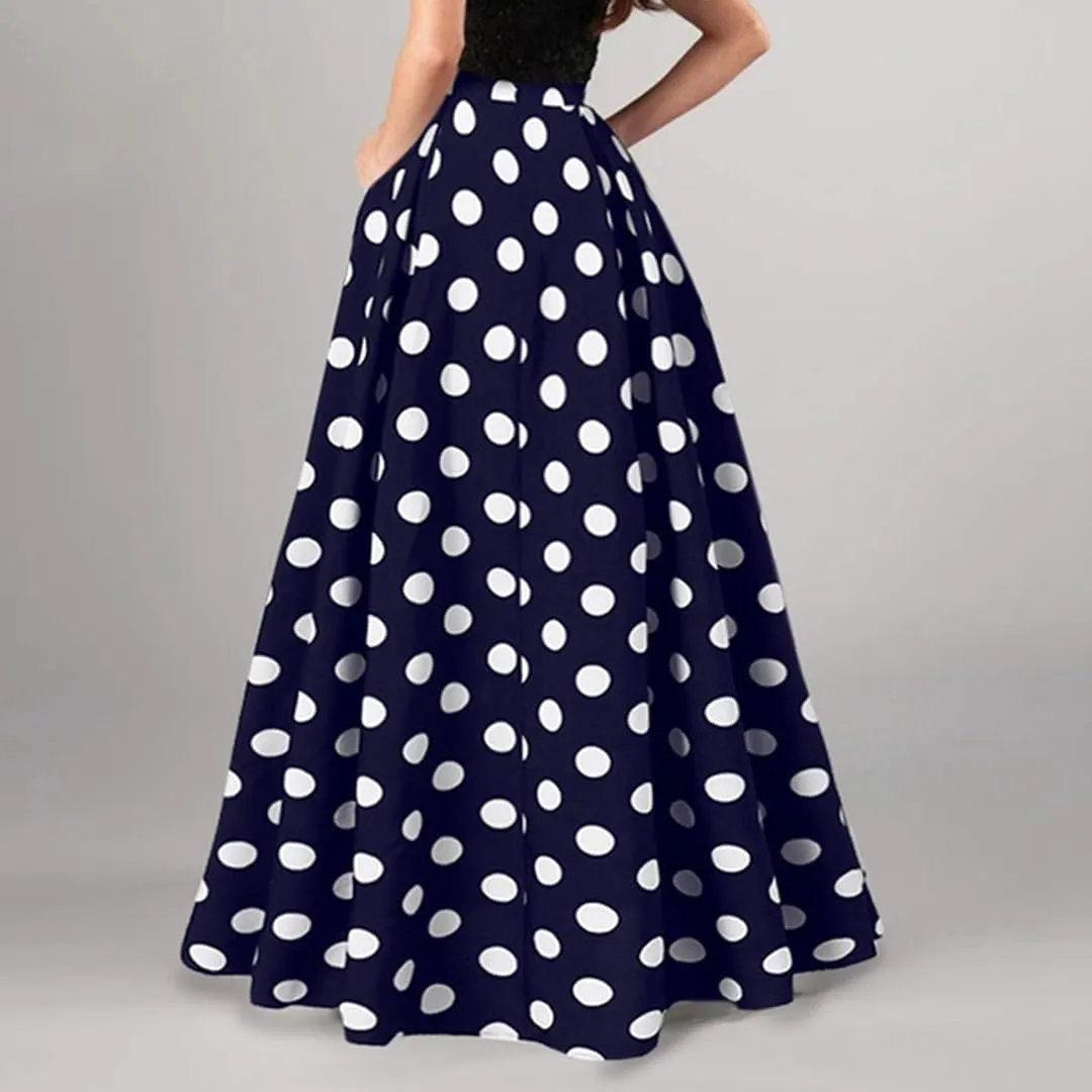 THLAI Womens Skirt Maxi Pleated Polka Dot Long A Line Summer Retro Skirt