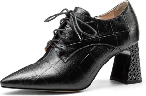 TinaCus Women's Genuine Leather Handmade Pointed Toe Mid Chunky Heel Lace Up Modern Pump Shoes with Side Zip