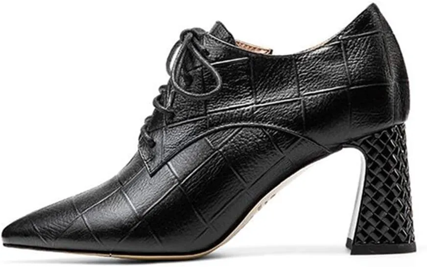 TinaCus Women's Genuine Leather Handmade Pointed Toe Mid Chunky Heel Lace Up Modern Pump Shoes with Side Zip