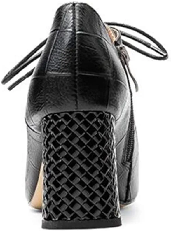 TinaCus Women's Genuine Leather Handmade Pointed Toe Mid Chunky Heel Lace Up Modern Pump Shoes with Side Zip