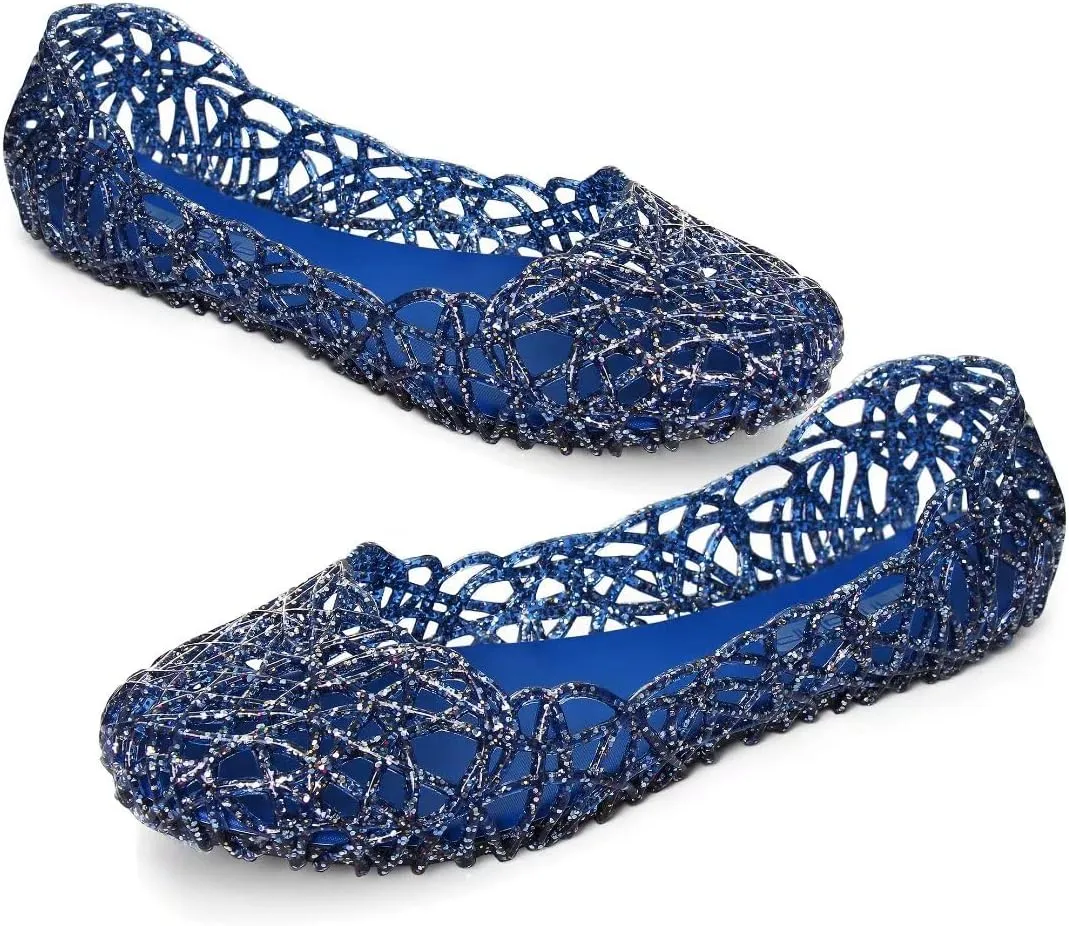 TN TANGNEST Women's Beach Hollow Jelly Shoes Bling PVC Slip On Summer Casual Flat Sandals