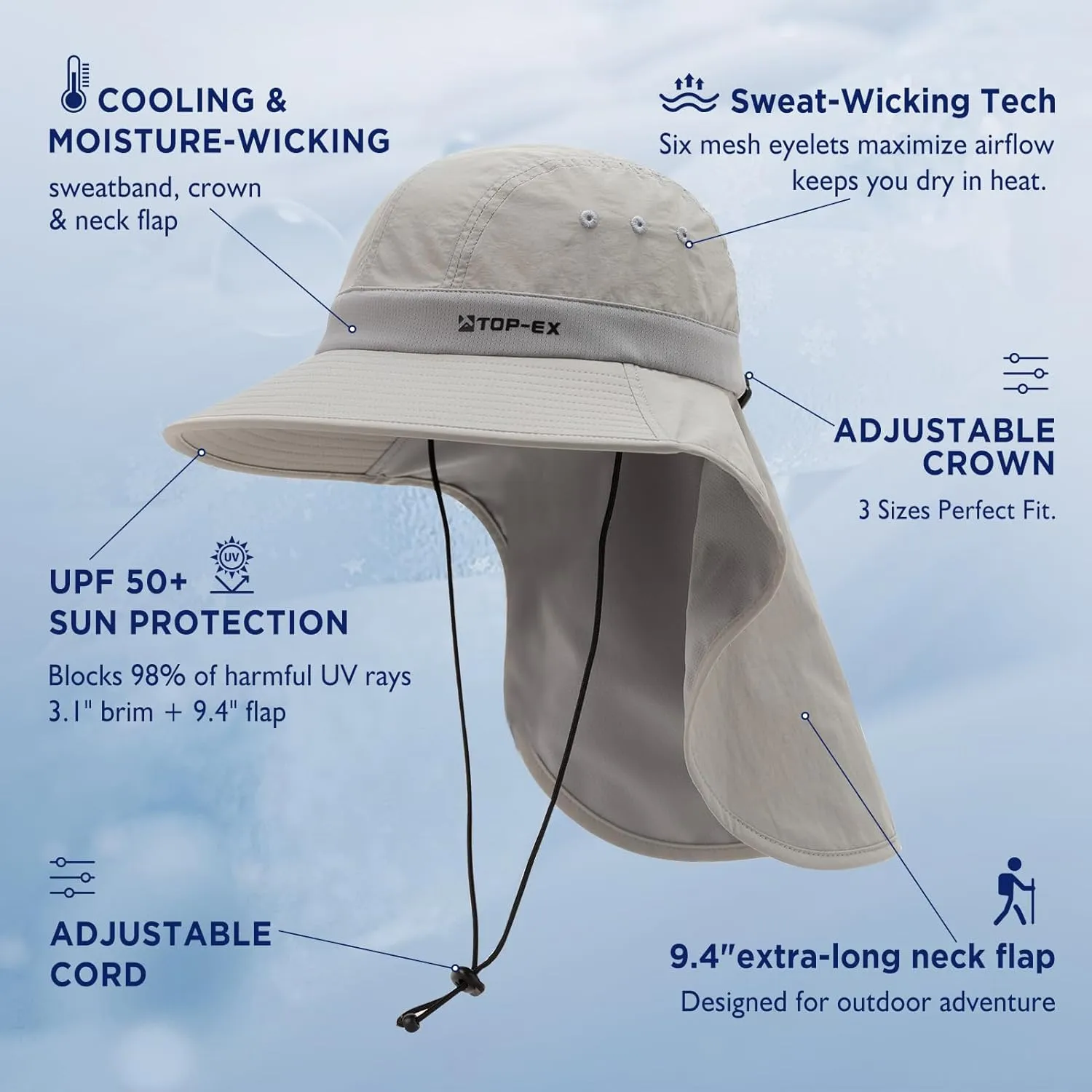 TOP-EX Cooling Sun Hat with Neck Flap – UPF 50  Wide Brim Breathable Hat for Hiking, Fishing & Big Heads