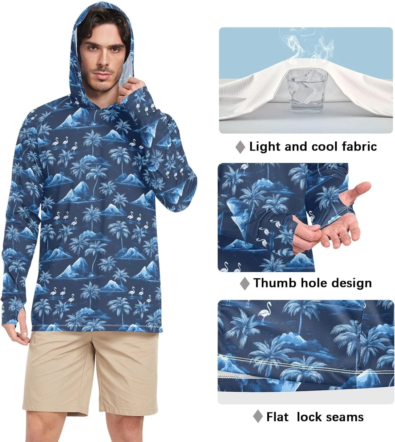 Tropical Flamingo Mens Hoodie Sun Protection Long Sleeve UPF 50 Mens Sun Shirt Sunproof Shirts Rash Guard UV Shirts