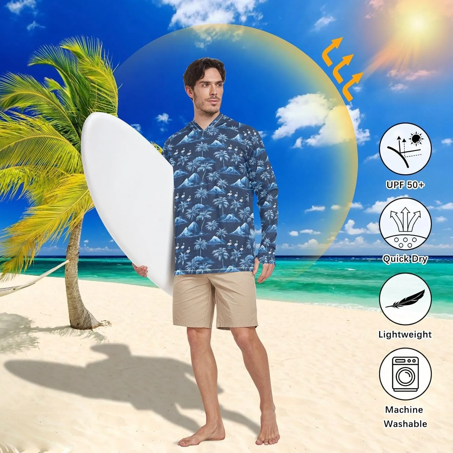 Tropical Flamingo Mens Hoodie Sun Protection Long Sleeve UPF 50 Mens Sun Shirt Sunproof Shirts Rash Guard UV Shirts