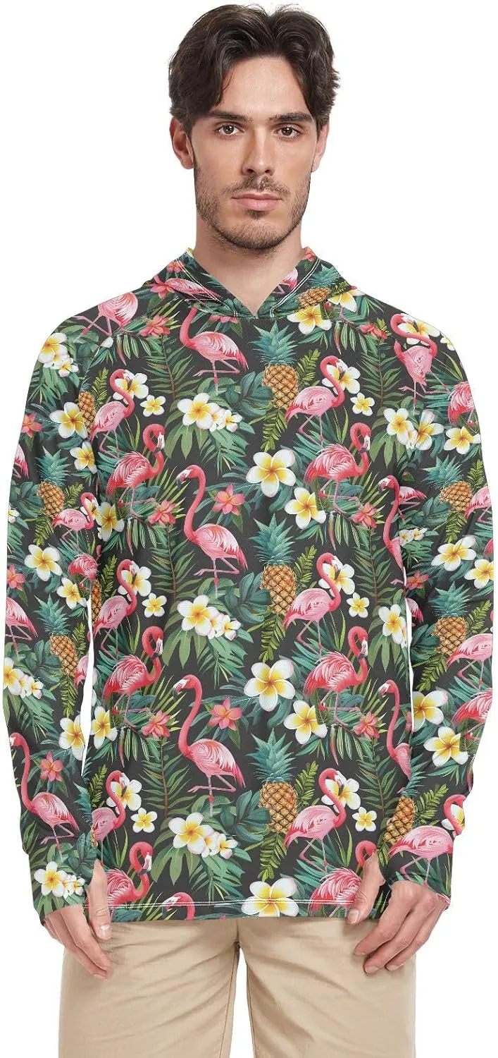 Tropical Flamingos Men's Sun Protection Hoodie Long Sleeve Sun Shirt with Hood UPF 50  Beach Hoodies Rash Guard Shirts