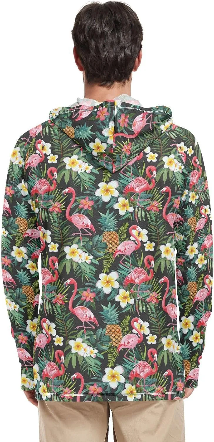 Tropical Flamingos Men's Sun Protection Hoodie Long Sleeve Sun Shirt with Hood UPF 50  Beach Hoodies Rash Guard Shirts