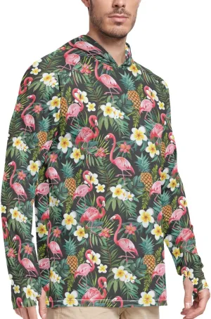 Tropical Flamingos Men's Sun Protection Hoodie Long Sleeve Sun Shirt with Hood UPF 50  Beach Hoodies Rash Guard Shirts