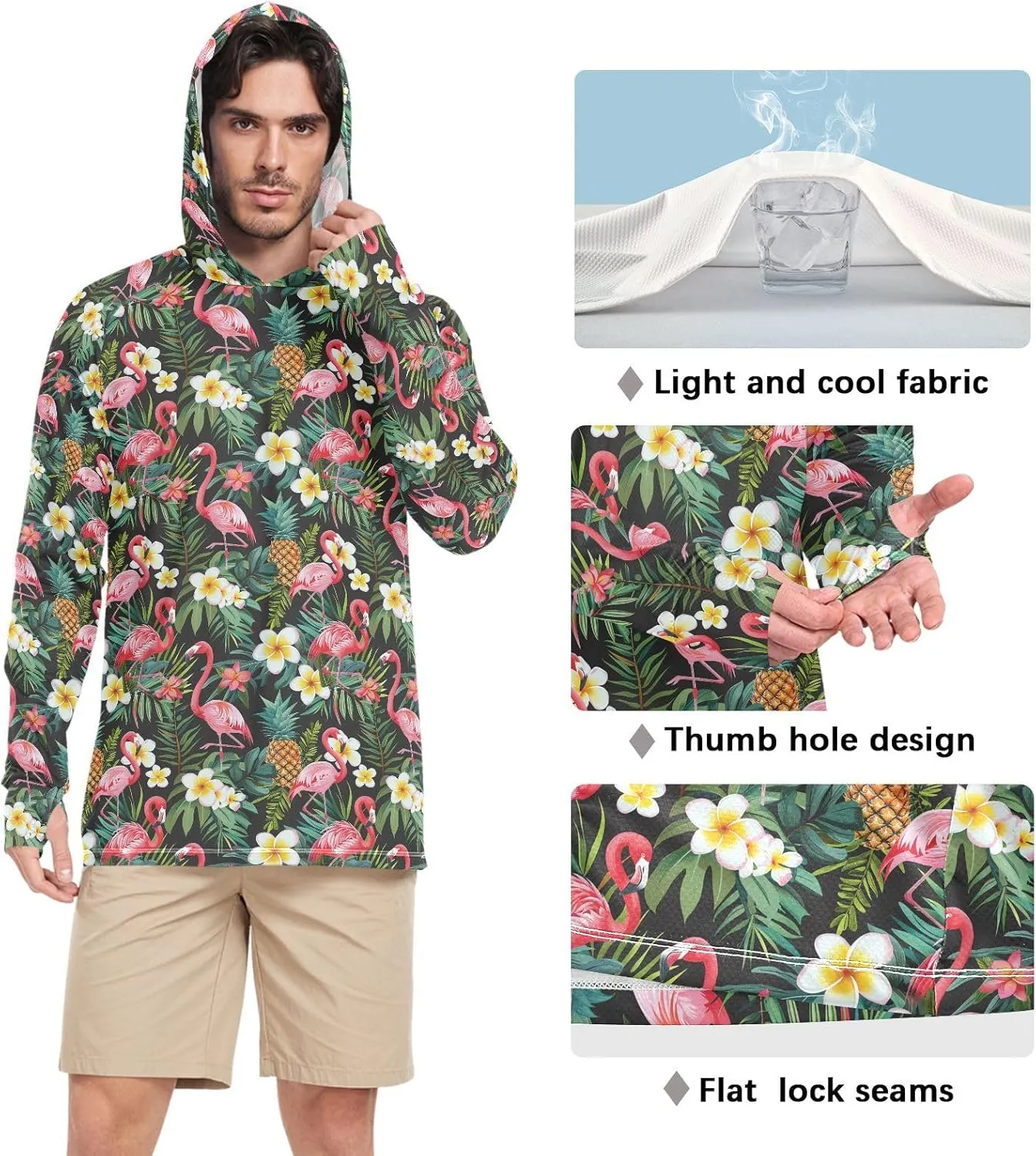 Tropical Flamingos Men's Sun Protection Hoodie Long Sleeve Sun Shirt with Hood UPF 50  Beach Hoodies Rash Guard Shirts