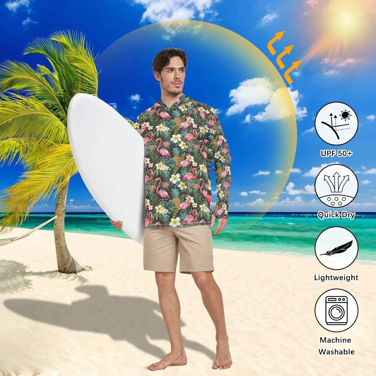 Tropical Flamingos Men's Sun Protection Hoodie Long Sleeve Sun Shirt with Hood UPF 50  Beach Hoodies Rash Guard Shirts