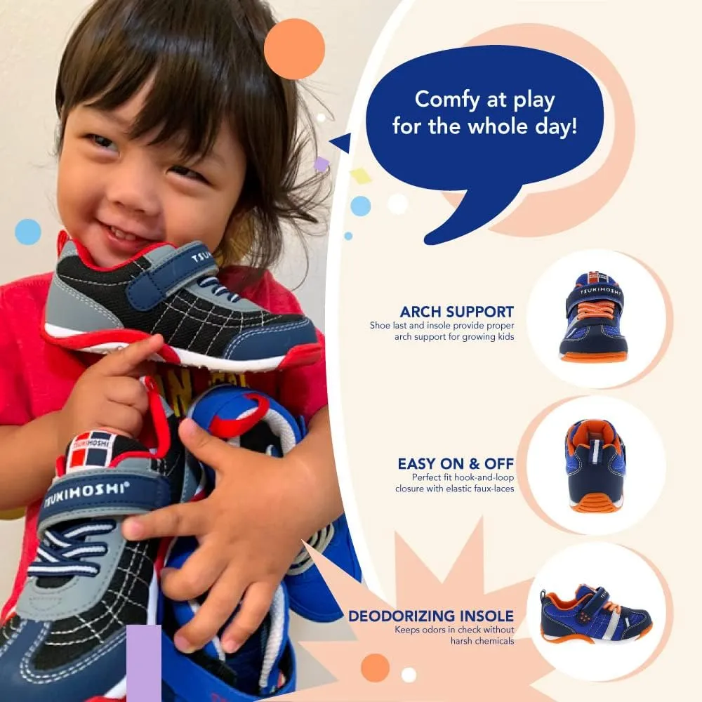TSUKIHOSHI 1521 KAZ Strap-Closure Machine-Washable Child Sneaker Shoe with Wide Toe Box and Slip-Resistant, Non-Marking Outsole - For Toddlers and Little Kids, Ages 1-8