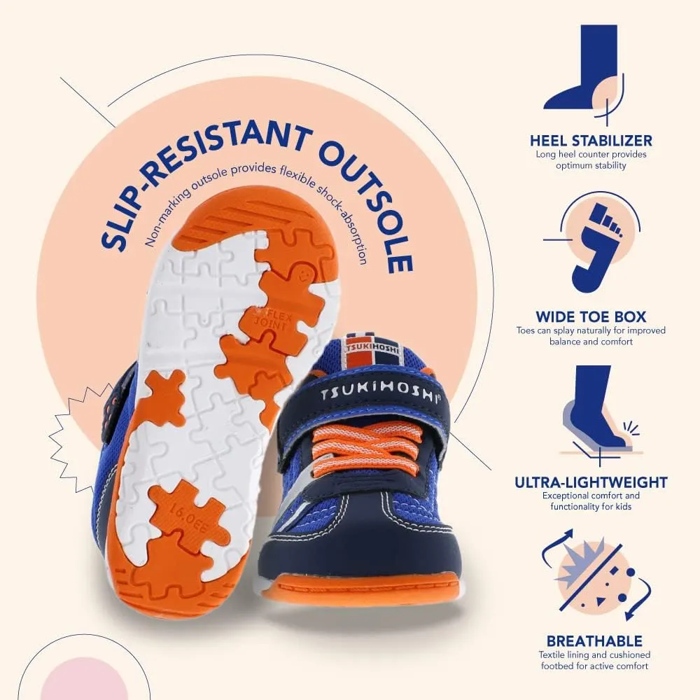TSUKIHOSHI 1521 KAZ Strap-Closure Machine-Washable Child Sneaker Shoe with Wide Toe Box and Slip-Resistant, Non-Marking Outsole - For Toddlers and Little Kids, Ages 1-8
