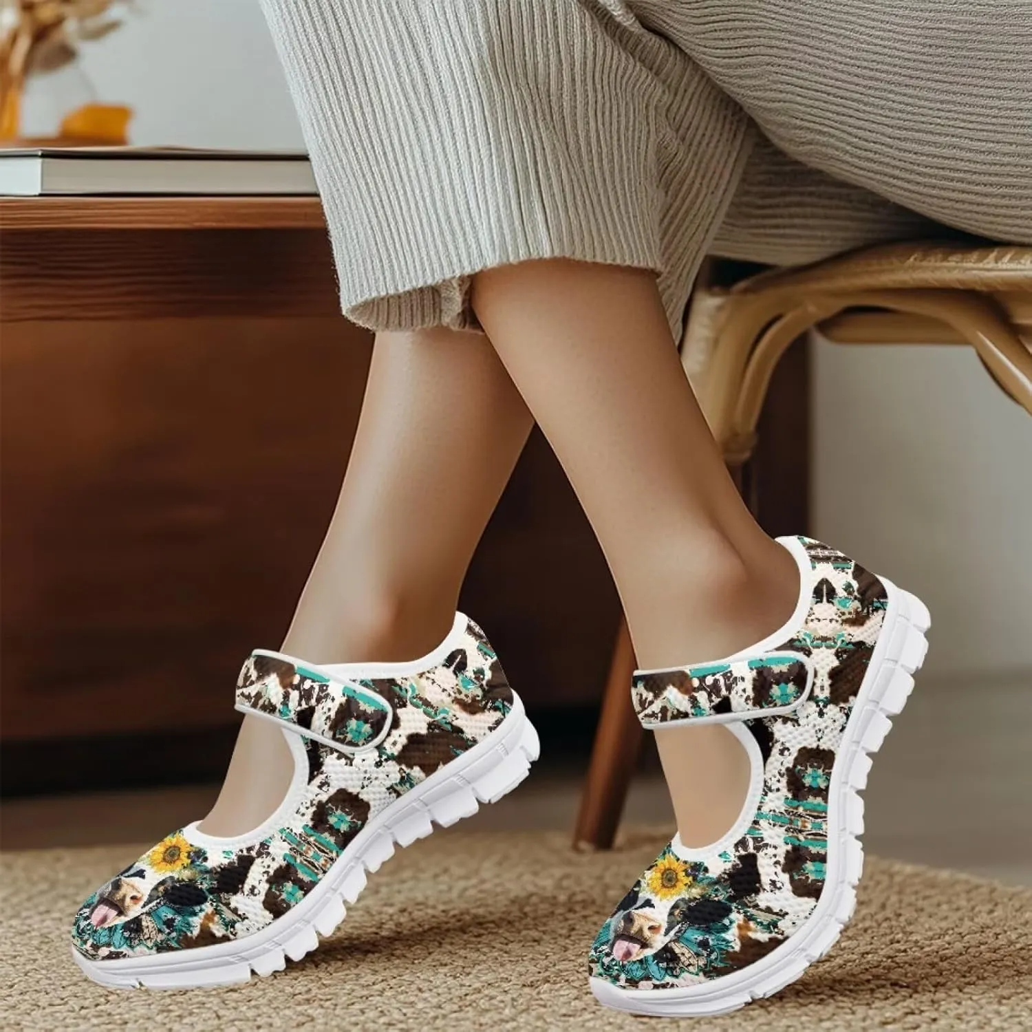 UNICEU Southwestern Style Women's Mary Jane Flat Shoes Party Footwear Mesh Non Slip Breathable Athletic Shoes Casual Dress Shoes Ballet Flats