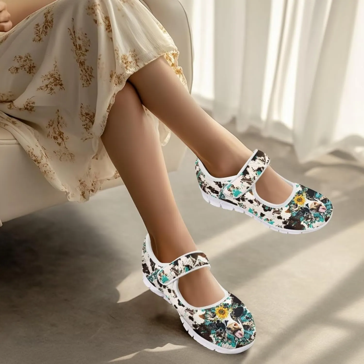 UNICEU Southwestern Style Women's Mary Jane Flat Shoes Party Footwear Mesh Non Slip Breathable Athletic Shoes Casual Dress Shoes Ballet Flats
