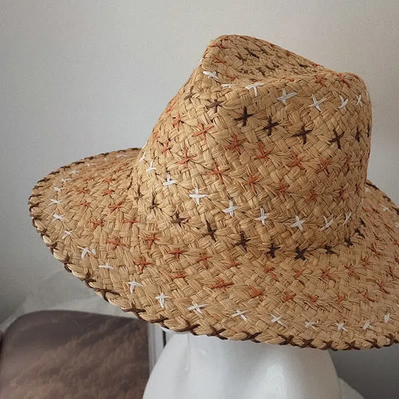 Unisex Breathable Flat Top Large Eaves Straw Fedora Hat