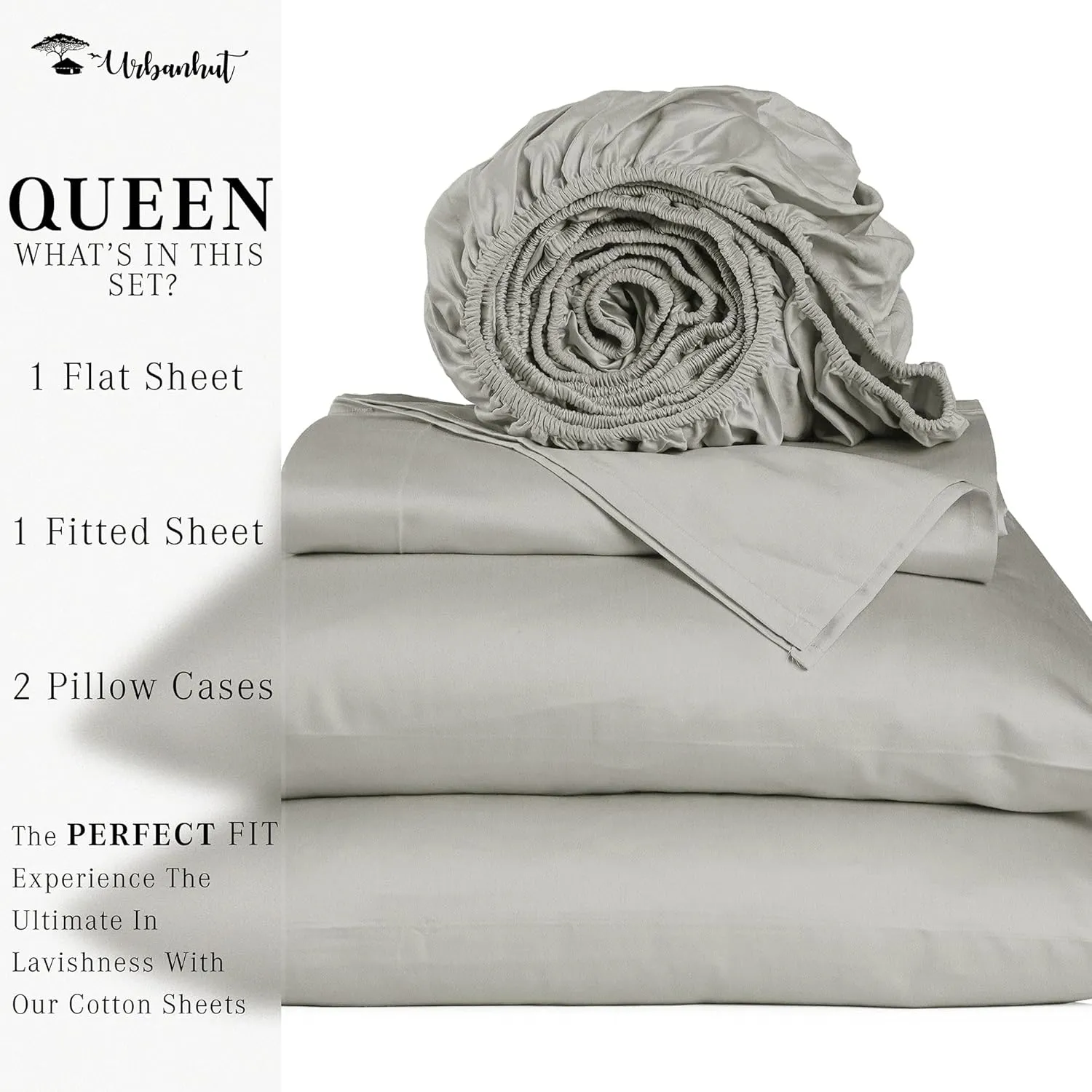 URBANHUT 1000 Thread Count Egyptian Cotton Sheets Queen Size, Breathable Long Staple, 4 Pc Bed Sheet Sets, Luxury Hotel Sateen Sheets Fits 16" Deep Pocket - Silver Grey