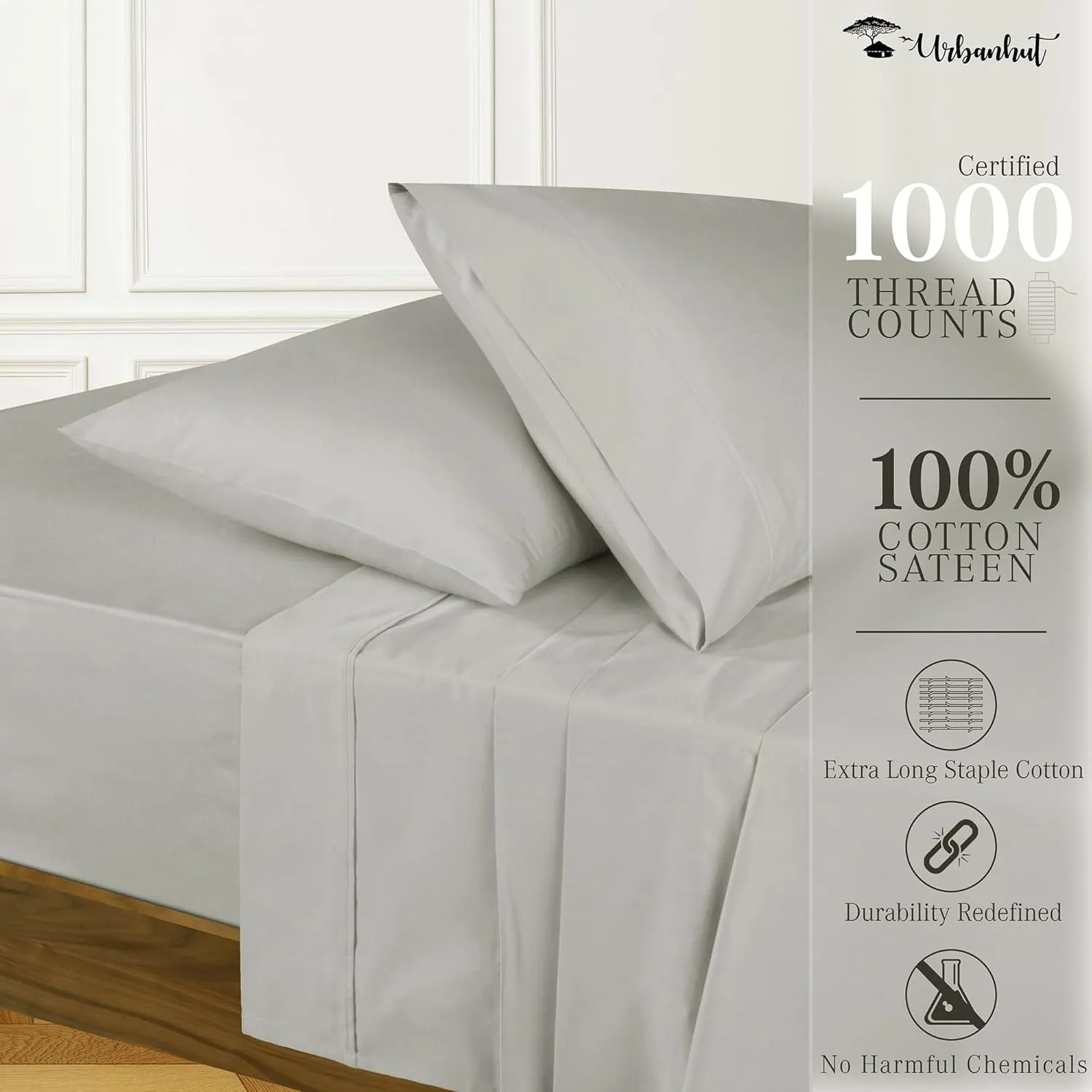 URBANHUT 1000 Thread Count Egyptian Cotton Sheets Queen Size, Breathable Long Staple, 4 Pc Bed Sheet Sets, Luxury Hotel Sateen Sheets Fits 16" Deep Pocket - Silver Grey