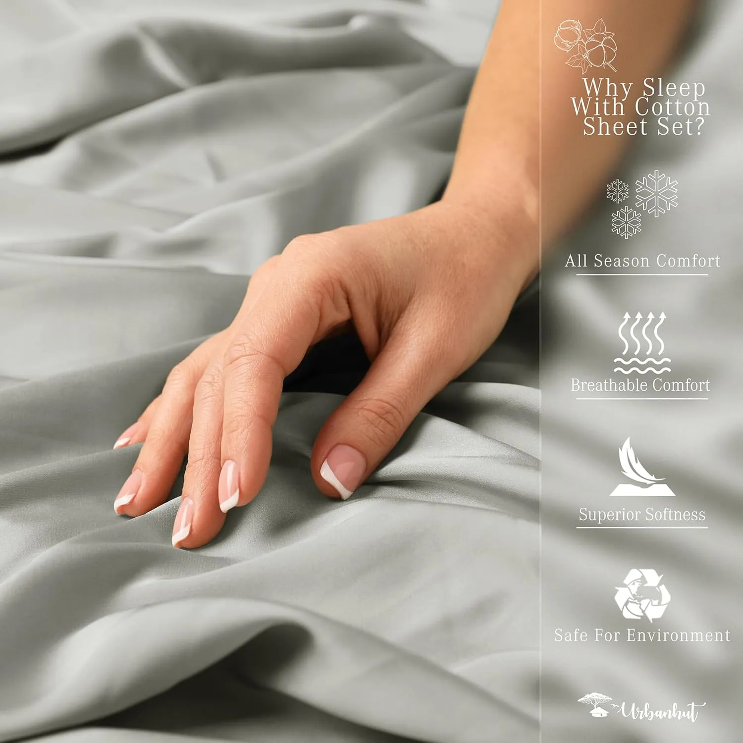 URBANHUT 1000 Thread Count Egyptian Cotton Sheets Queen Size, Breathable Long Staple, 4 Pc Bed Sheet Sets, Luxury Hotel Sateen Sheets Fits 16" Deep Pocket - Silver Grey