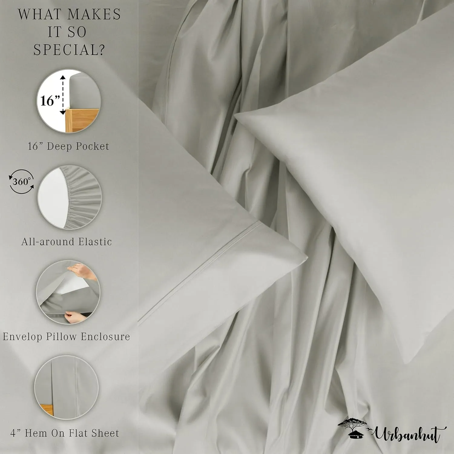URBANHUT 1000 Thread Count Egyptian Cotton Sheets Queen Size, Breathable Long Staple, 4 Pc Bed Sheet Sets, Luxury Hotel Sateen Sheets Fits 16" Deep Pocket - Silver Grey
