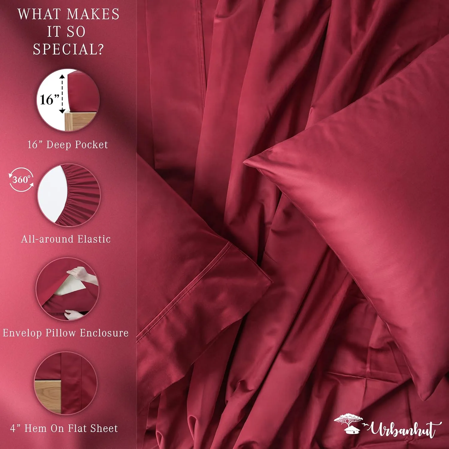 URBANHUT 1000 Thread Count King Bed Sheets Egyptian Cotton Sheet Set, Long Staple Soft & Breathable, 4 Pc Bed Sheet Sets, Luxury Hotel Sateen Sheets Fits 16" Deep Pocket - Burgundy
