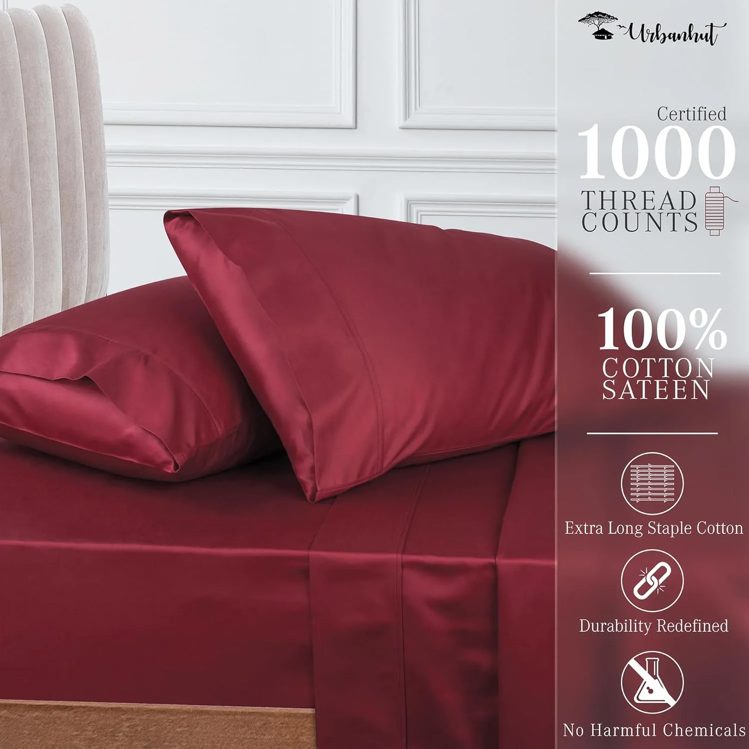 URBANHUT 1000 Thread Count King Bed Sheets Egyptian Cotton Sheet Set, Long Staple Soft & Breathable, 4 Pc Bed Sheet Sets, Luxury Hotel Sateen Sheets Fits 16" Deep Pocket - Burgundy