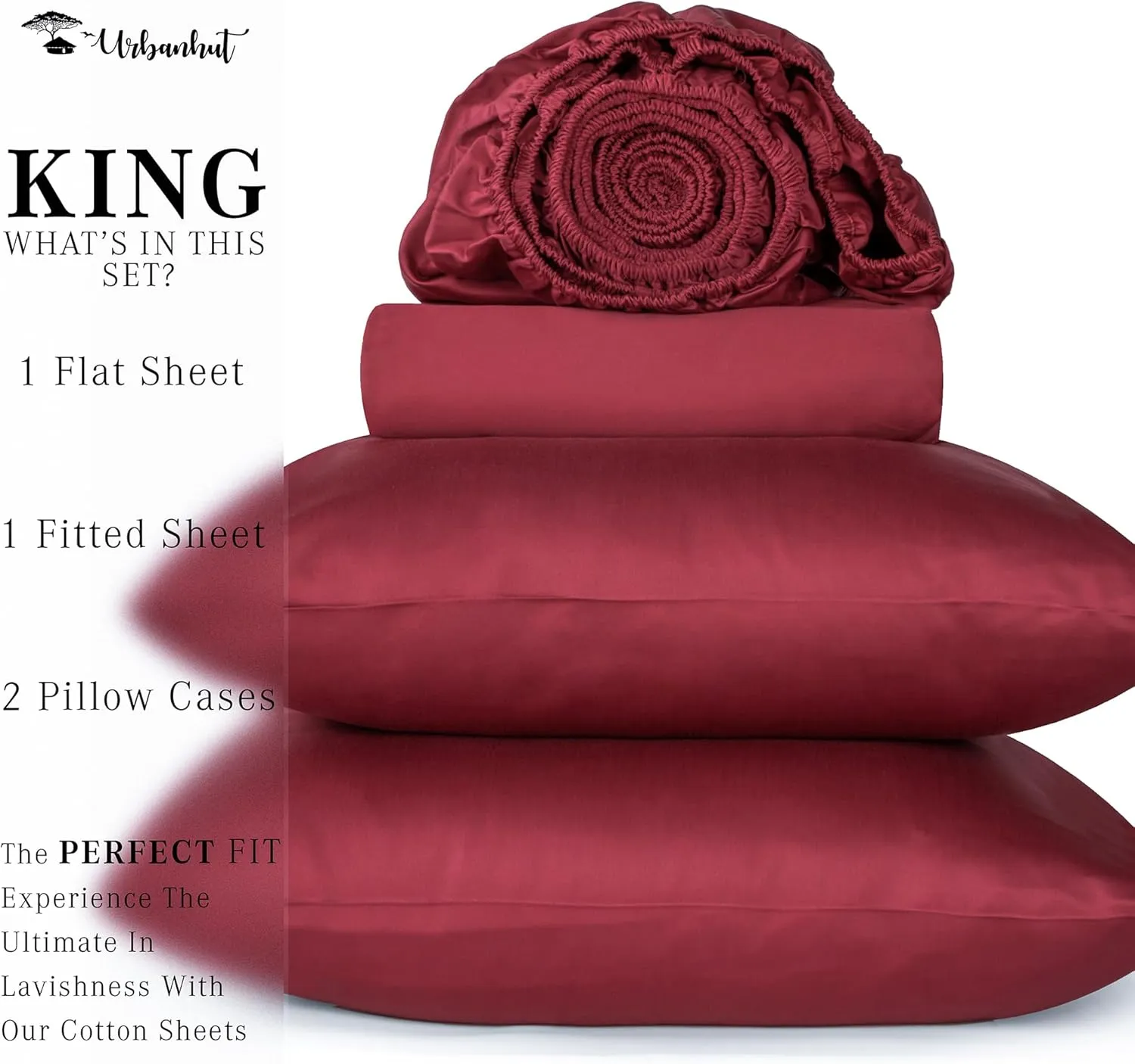 URBANHUT 1000 Thread Count King Bed Sheets Egyptian Cotton Sheet Set, Long Staple Soft & Breathable, 4 Pc Bed Sheet Sets, Luxury Hotel Sateen Sheets Fits 16" Deep Pocket - Burgundy