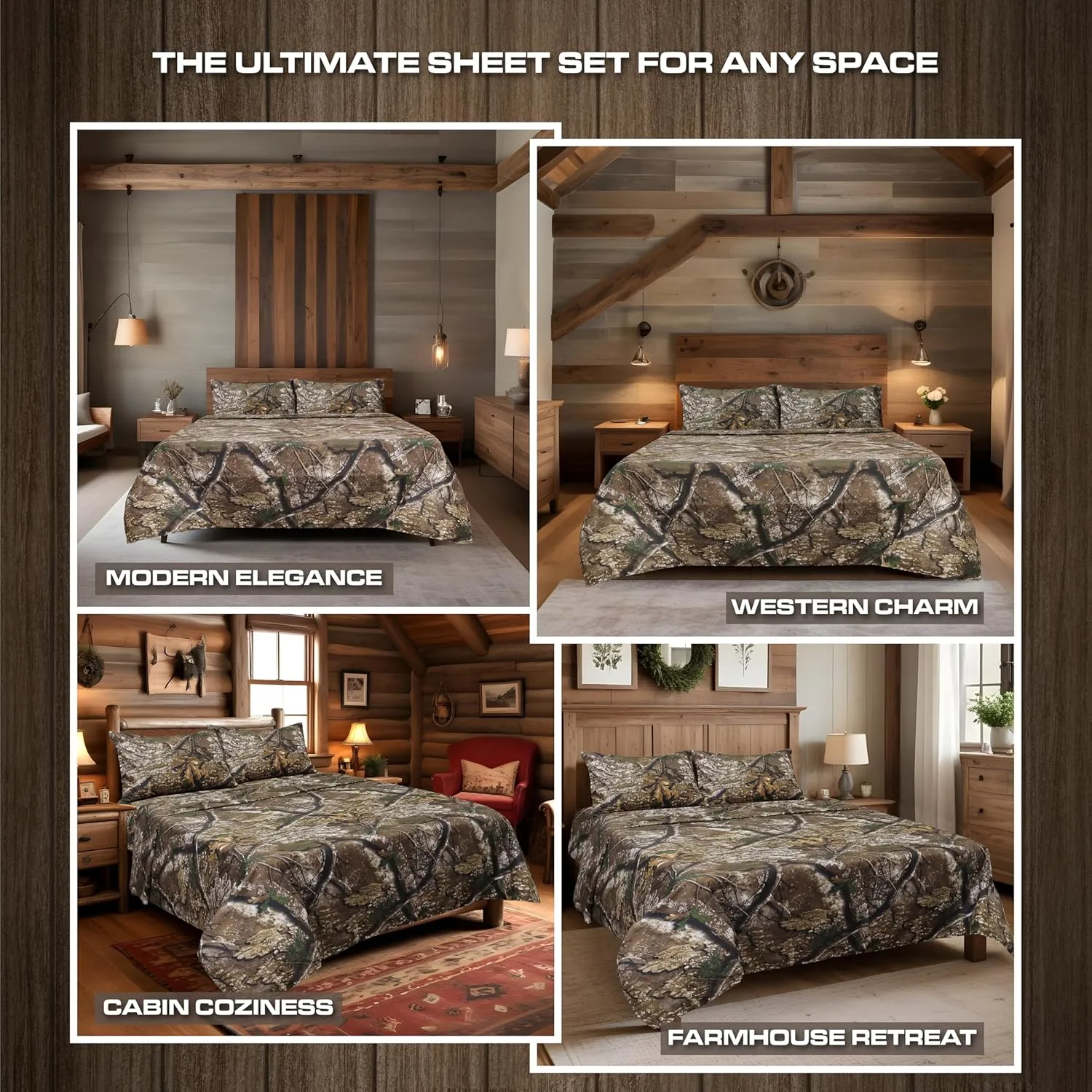 VISI-ONE Realtree APX Queen Camo 4 Piece Sheet Set – Lightweight, Cooling, Wrinkle-Free Microfiber 15" Deep Pockets Sheets, Unisex Rustic Western Farmhouse Style Made to Complement All Living Spaces