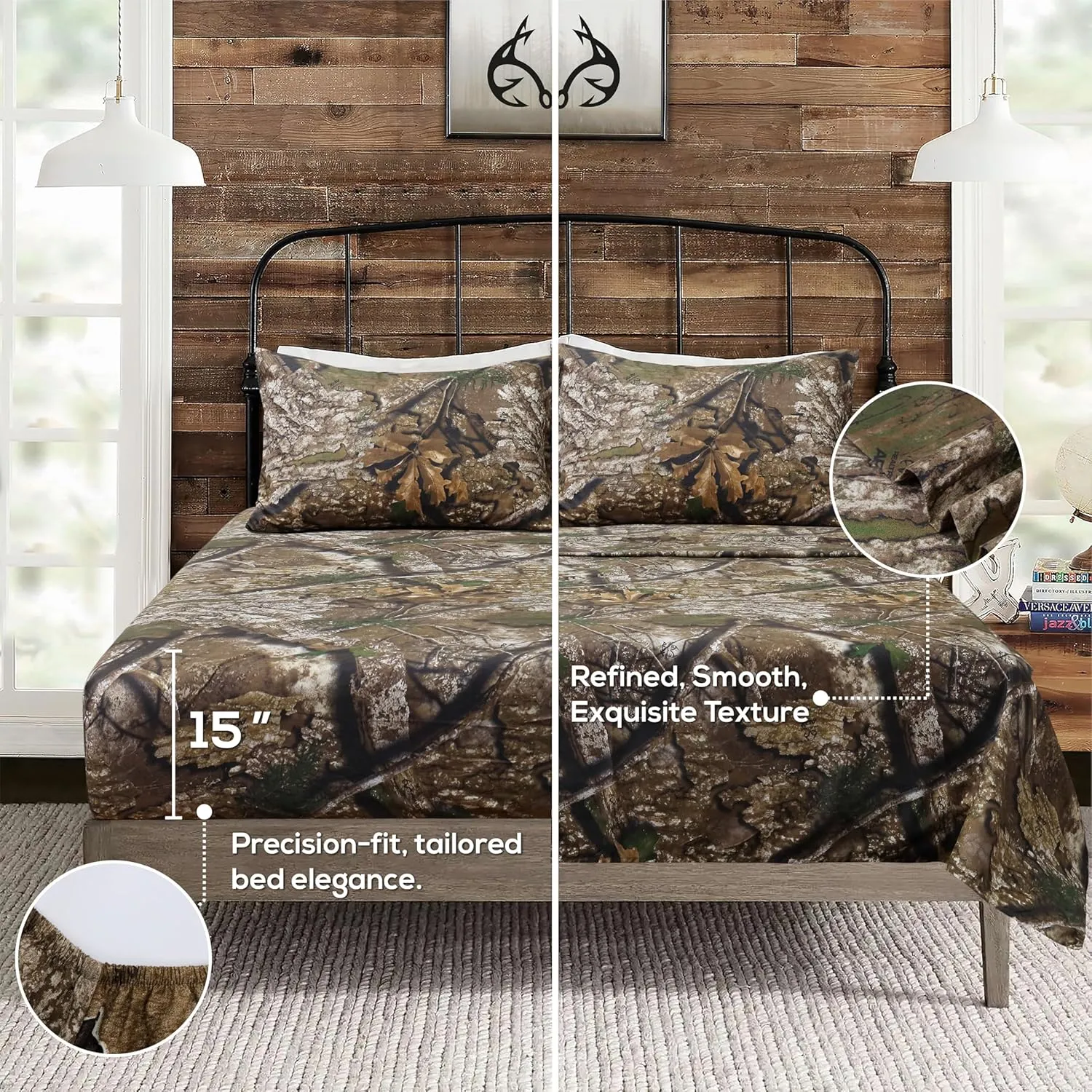 VISI-ONE Realtree APX Queen Camo 4 Piece Sheet Set – Lightweight, Cooling, Wrinkle-Free Microfiber 15" Deep Pockets Sheets, Unisex Rustic Western Farmhouse Style Made to Complement All Living Spaces