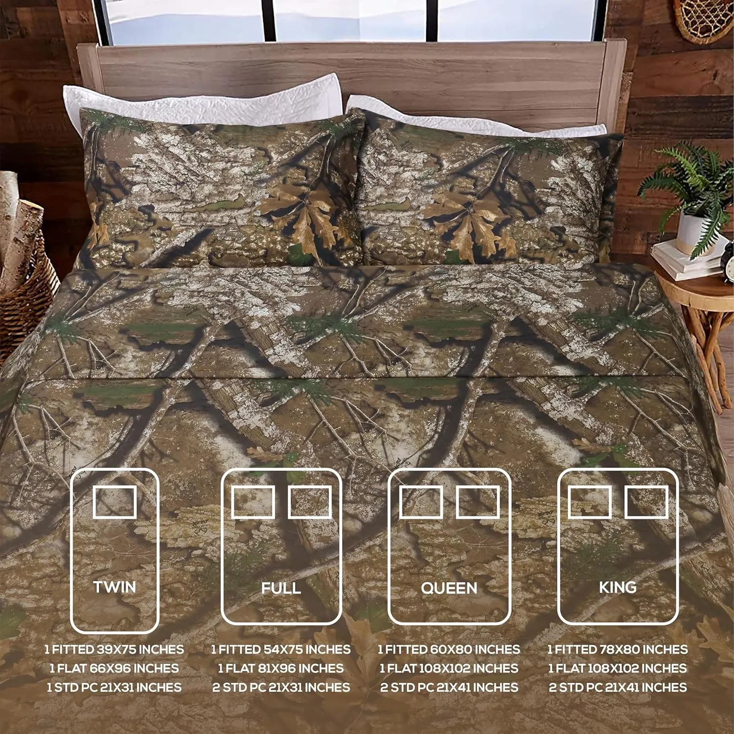 VISI-ONE Realtree APX Queen Camo 4 Piece Sheet Set – Lightweight, Cooling, Wrinkle-Free Microfiber 15" Deep Pockets Sheets, Unisex Rustic Western Farmhouse Style Made to Complement All Living Spaces