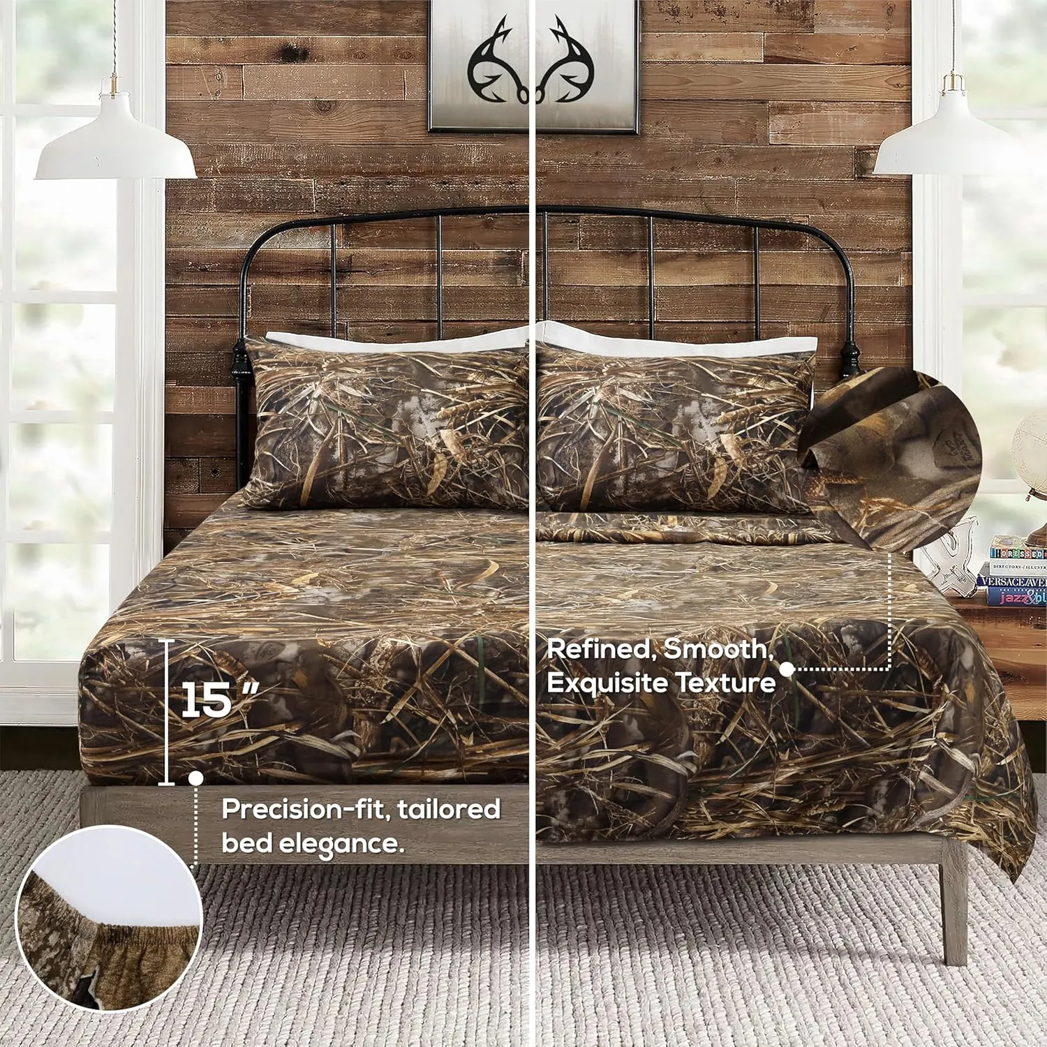 VISI-ONE RealTree Max-7 Queen Camo 4 Piece Sheet Set – Lightweight, Cooling, Wrinkle-Free Microfiber 15" Deep Pockets Sheets, Unisex Rustic Western Farmhouse Style Made to Complement all Living Spaces