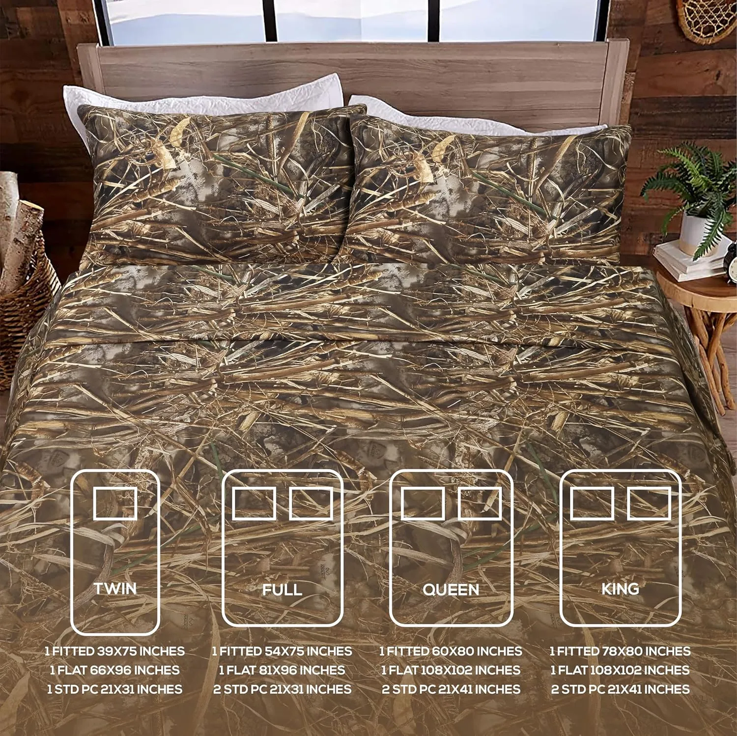 VISI-ONE RealTree Max-7 Queen Camo 4 Piece Sheet Set – Lightweight, Cooling, Wrinkle-Free Microfiber 15" Deep Pockets Sheets, Unisex Rustic Western Farmhouse Style Made to Complement all Living Spaces