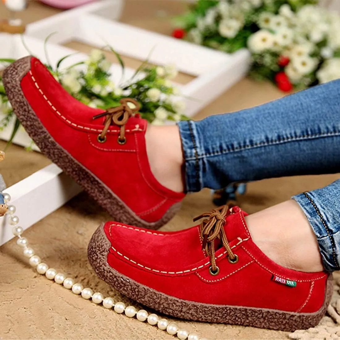 VOKLIN Women's Casual Driving Loafers Moccasins Lace Up Breathable Comfortable Flat Driver Oxfords Shoes