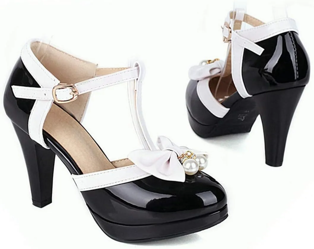 VOKLIN Women's Ladies Bow T-Strap Mary Jane Pumps Round Toe Platform Ankle Strap High Heel Dress Pump Shoes