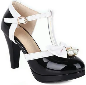 VOKLIN Women's Ladies Bow T-Strap Mary Jane Pumps Round Toe Platform Ankle Strap High Heel Dress Pump Shoes