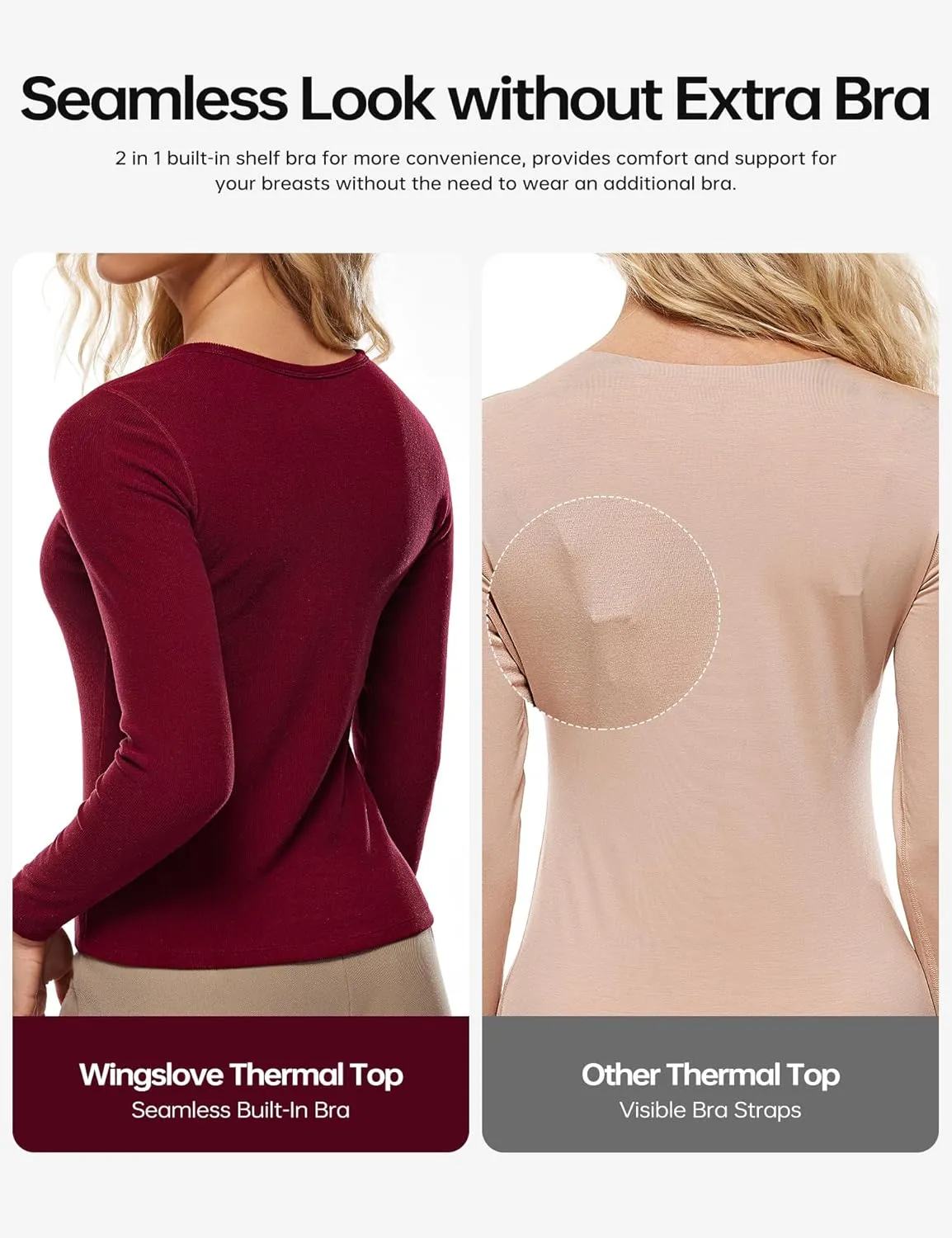 Wingslove Women's Long Sleeve Shirts Thermal Tops V Neck Built in Bra Cold Weather Fit Warm Base Layer Outfits